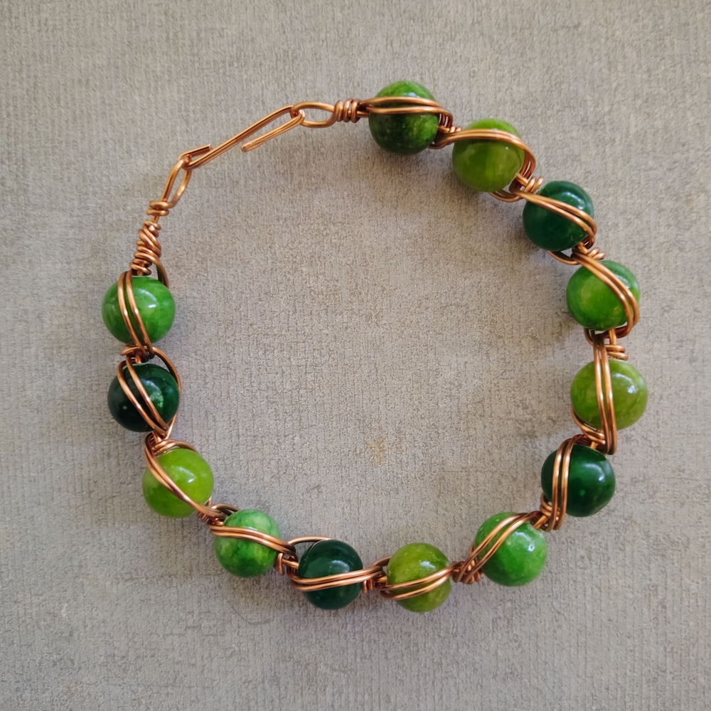 Handmade Green Beaded Copper Wire Bracelet